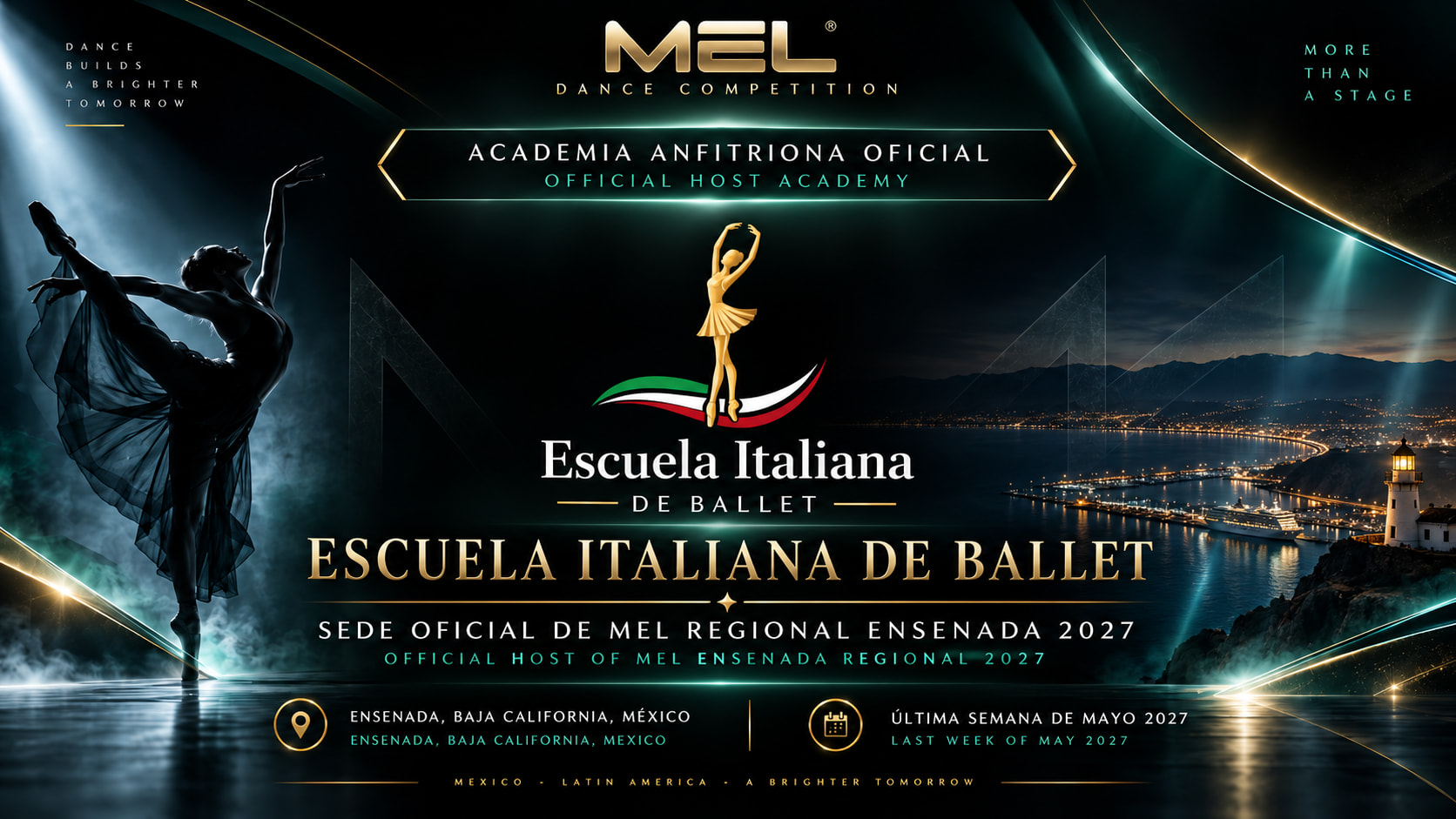Imagen informativa de academia anfitriona oficial de MEL Regional Ensenada 2027 con logotipo de Escuela Italiana de Ballet.